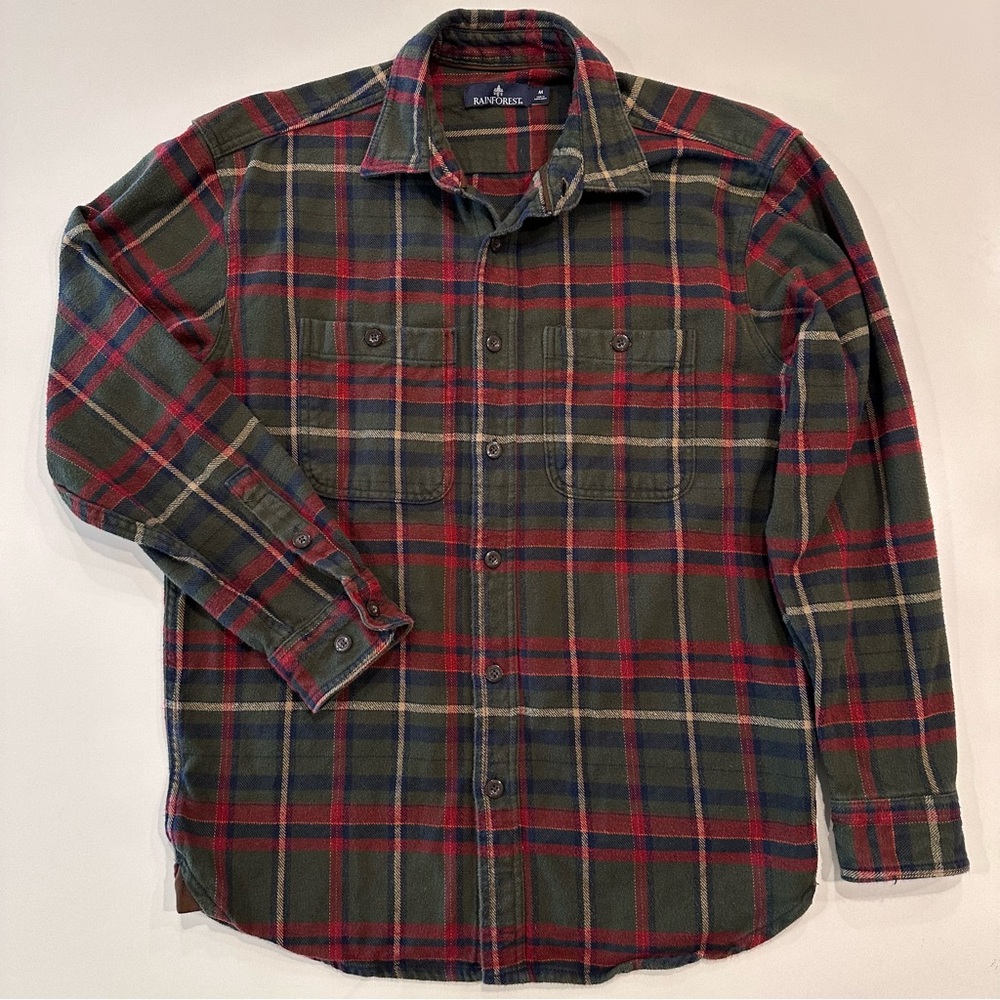 Rainforest Green Red Flannel Long Sleeve Button Down 100% Cotton Size‎ Medium